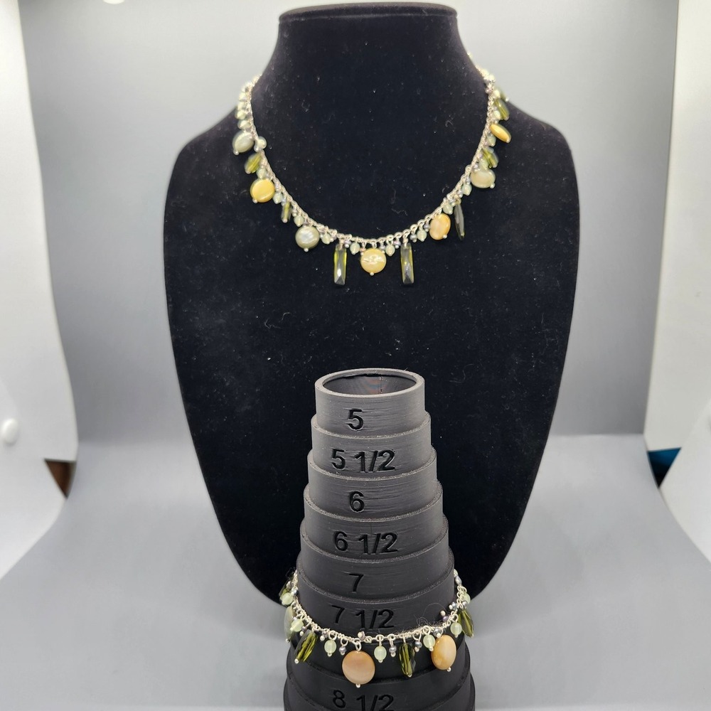 Lia Sophia Beaded Necklace Bracelet Set 2 Pc Green Yellow Stone Silver Tone
